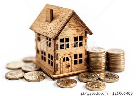 Wooden house with a pile of gold coins on top of it Wooden house with a pile of gold coins on top of it 125065406
