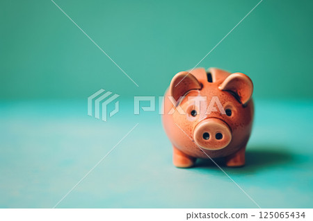 Piggy bank is sitting on a blue surface 125065434