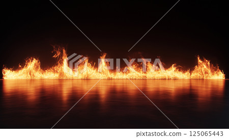 Horizontal Flames with Dramatic Light and Shadow Effects Against Black Background 125065443