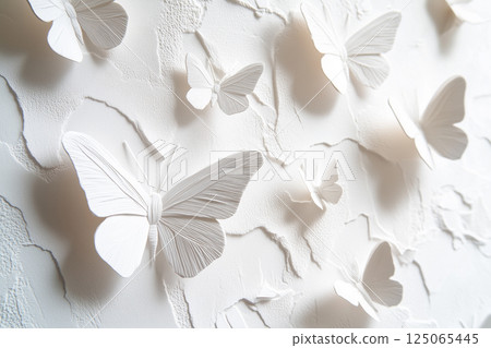 Embossed White Butterflies on Textured Paper Surface 125065445