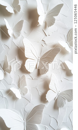 White Butterflies Embossed on Textured Paper with Soft White Background 125065446