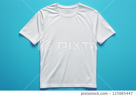 Blank White T-Shirt Mockup on Blue Background in Studio Setting 125065447