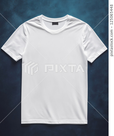 Blank White T-Shirt Mockup in Studio with Blue Background 125065448