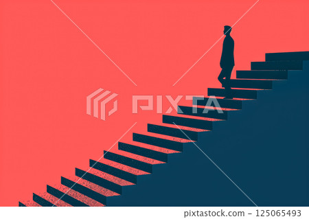 Man is walking up a red staircase. 125065493