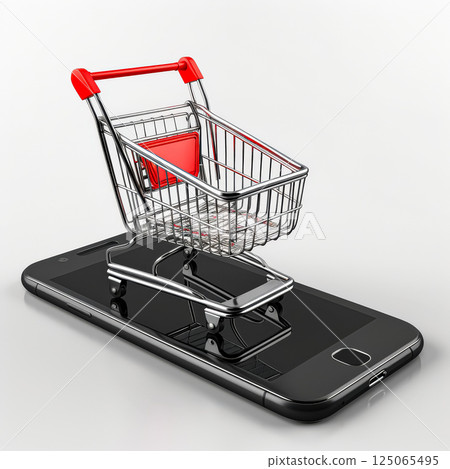 Shopping cart is displayed on a cell phone. Shopping cart is displayed on a cell phone. 125065495