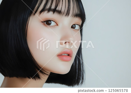 一位留著黑色波波頭的日本女性的特寫。美麗肌膚與清淨面容的肖像 一位留著黑色波波頭的日本女性的特寫。美麗肌膚與清淨面容的肖像 125065578