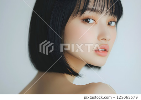 A close-up of a Japanese woman with black bob hair. A portrait of her beautiful skin and clear profile. 125065579