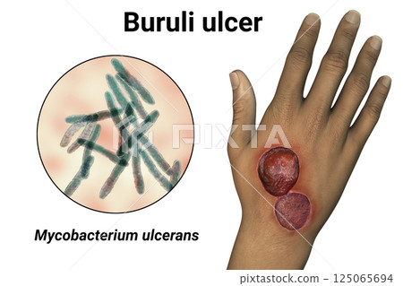 Buruli ulcer on an arm, 3D illustration. The disease caused by Mycobacterium ulcerans bacteria Buruli ulcer on an arm, 3D illustration. The disease caused by Mycobacterium ulcerans bacteria 125065694
