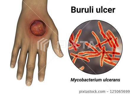 Buruli ulcer on an arm, 3D illustration. The disease caused by Mycobacterium ulcerans bacteria Buruli ulcer on an arm, 3D illustration. The disease caused by Mycobacterium ulcerans bacteria 125065699