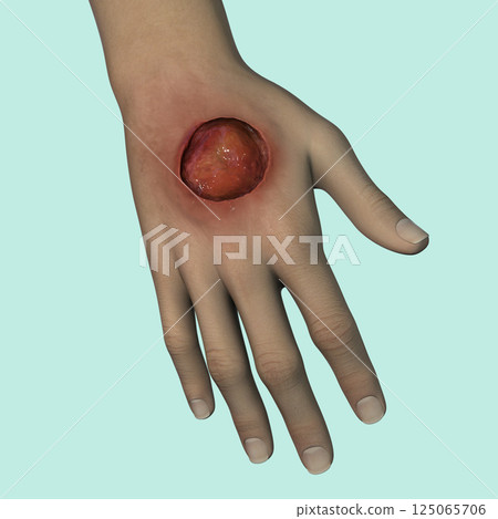 Buruli ulcer on an arm, 3D illustration. The disease caused by Mycobacterium ulcerans bacteria Buruli ulcer on an arm, 3D illustration. The disease caused by Mycobacterium ulcerans bacteria 125065706