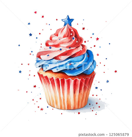 Colorful patriotic cupcake with red, white, and blue frosting decorated with stars and confetti 125065879