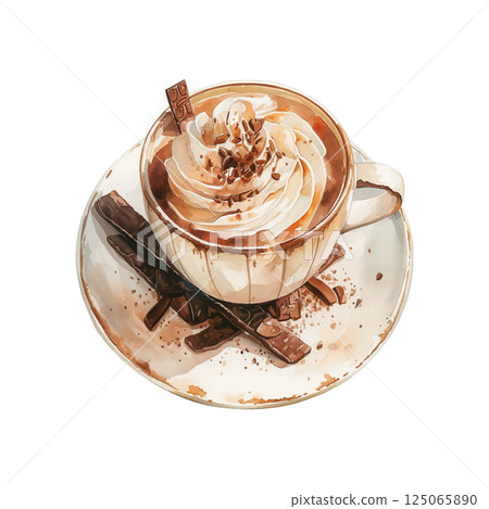 Delicious hot chocolate topped with whipped cream and chocolate shavings served with chocolate sticks on a plate 125065890