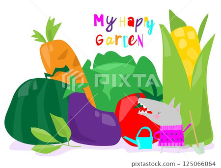 Cute Cartoon Wolf standing with Vegetables 125066064