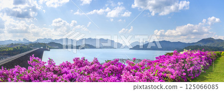 Panorama landscape in Thailand - Rachaphrapha Dam in Phang Nga province during the day, Cheo lan Lake Dam. Purple Bougainvillea flowers in the foreground, mountains and Cheo Lan Lake on 125066085