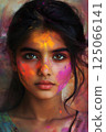 a portrait of a Indian girl, a celebration of colors holi 125066141