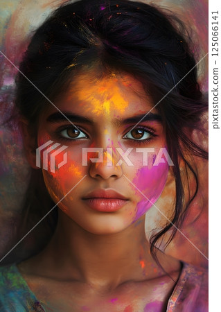 a portrait of a Indian girl, a celebration of colors holi 125066141