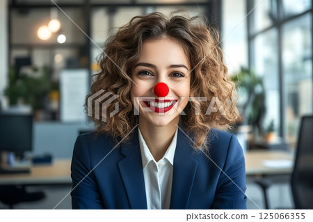 Portrait of office employee girl with red clown nose, April Fool's Day, April 1 125066355