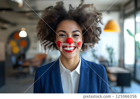 Portrait of office employee girl with red clown nose, April Fool's Day, April 1 125066356