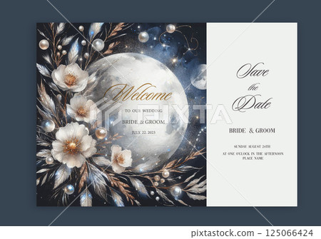Wedding invitation set with watercolor mystery flowers and moon. Wedding invitation set with watercolor mystery flowers and moon. 125066424