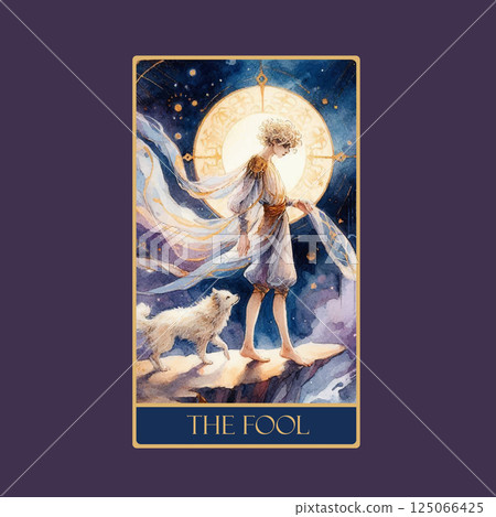 A watercolor Tarot card 'The Fool'.Tarot card colorful deck. Major arcana set part . Vector hand drawn engraved style. Occult and alchemy symbolism. A watercolor Tarot card 'The Fool'.Tarot card colorful deck. Major arcana set part . Vector hand drawn engraved style. Occult and alchemy symbolism. 125066425