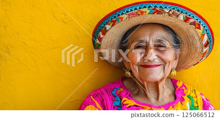 Mexican old woman wearing traditional sombrero hat, professional photography, close-up 125066512