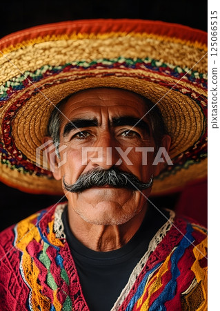Mexican man wearing traditional sombrero hat, professional photography, close-up 125066515