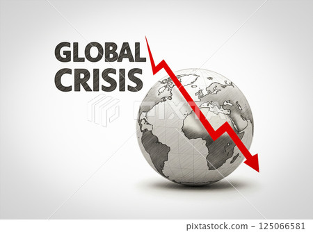 A graphic with the words Global Crisis and a downward trending chart on a globe 125066581