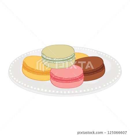 Colorful French macaroons on a saucer isolated on a white background. Pastries, desserts and sweets vector illustration 125066607