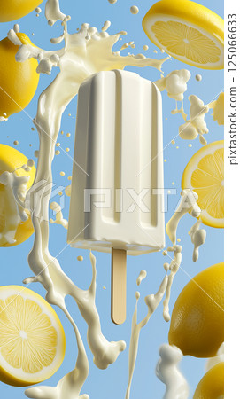 Lemon Yogurt Popsicle with Creamy Drips and Citrus Splashes on Bright Background 125066633
