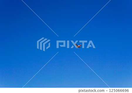 Propeller Plane Flying In Blue Sky Propeller Plane Flying In Blue Sky 125066696