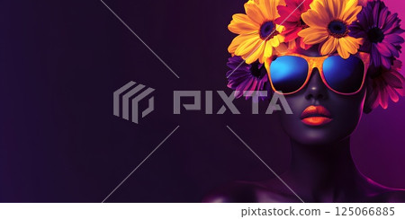 purple horizontal banner with a girl with flowers on her head and empty space for text 125066885