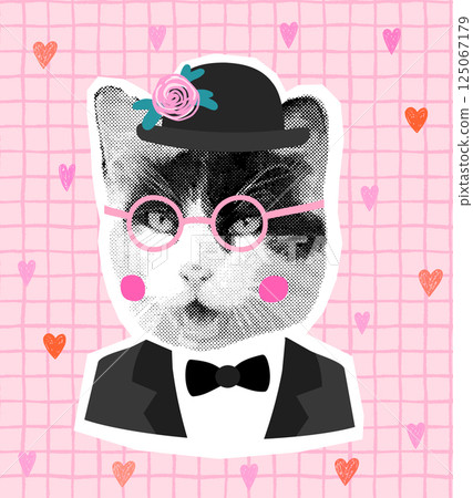 Funny vector cat man with suit and bow and pink eyeglasses, half tone collage for pet shop package design, pet food 125067179