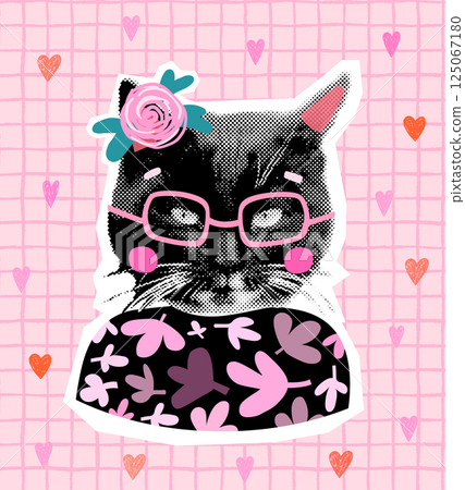 Fun vector cat half tone collage greeting card, cute girl kitty with floral clothes, pink eyeglasses and a flower for pet shop package design, pet food 125067180