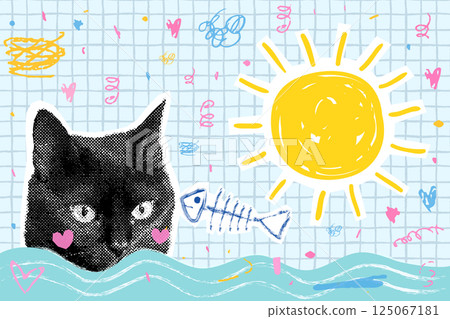 Funny summer vector cat face and fish bone halftone collage, fun animal with ocean waves and sun background design 125067181