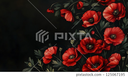 horizontal banner ANZAC day, red poppies flowers 125067195