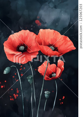 ANZAC day, red poppies flowers, vertical illustration in watercolor style 125067203