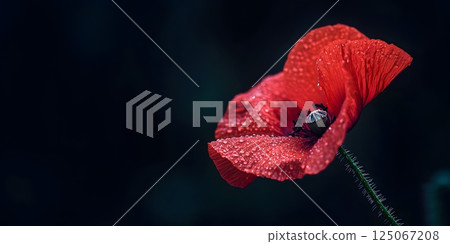 horizontal banner, ANZAC day, red poppy flower, close-up photo 125067208