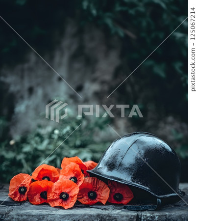 ANZAC day, red poppies flowers, a bouquet of red poppies next to a military helmet ANZAC day, red poppies flowers, a bouquet of red poppies next to a military helmet 125067214
