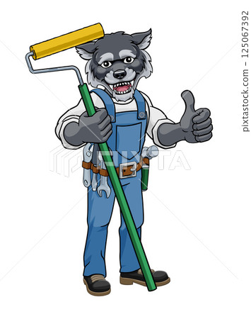 Wolf Painter Decorator Paint Roller Mascot Man Wolf Painter Decorator Paint Roller Mascot Man 125067392