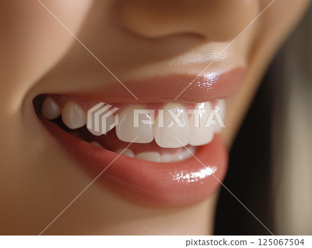 一位女士的嘴部特寫，笑容燦爛，牙齒整齊 125067504