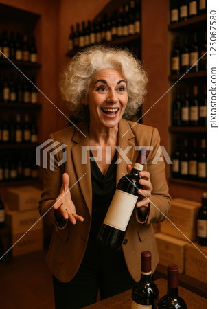 Excited woman in brown blazer gestures while presenting red wine bottle in elegant wine shop with stacked crates and wooden shelves in warm lighting. 125067580