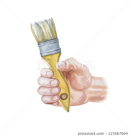A man's hand holding a brush to renovate the house, on a white background. Watercolor illustration. The repair tool is in the strong hand of the master. Isolated. A man's hand holding a brush to renovate the house, on a white background. Watercolor illustration. The repair tool is in the strong hand of the master. Isolated. 125067604