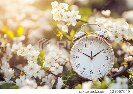 round vintage early morning alarm clock on the background of flowers, time, clock translation 125067649