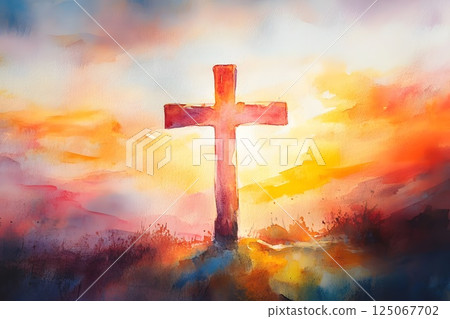wooden cross early in the morning at dawn, Easter, resurrection of Christ, religion 125067702