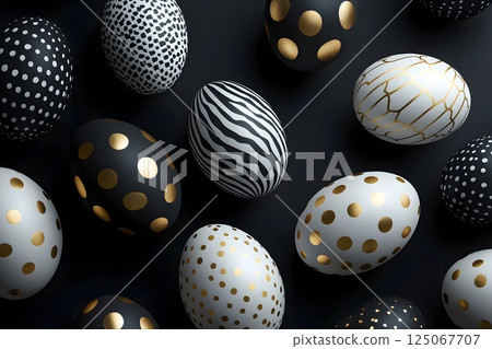 Easter eggs on black background, white and gold colors, minimalistic composition, background 125067707