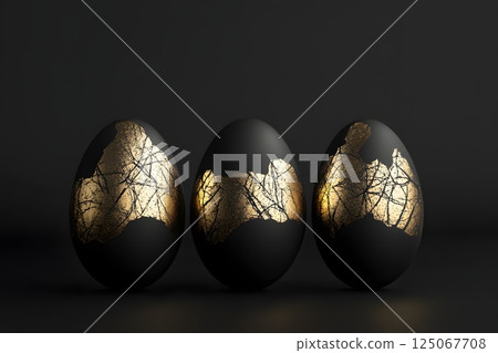Black minimalistic Easter eggs with gold patterns, black background, row, Easter 125067708