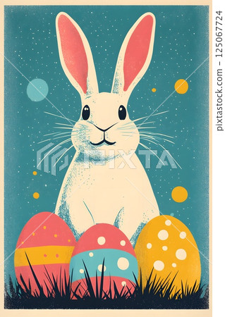 Easter, card with bunnies in retro style, vintage, halftone effect, eggs 125067724