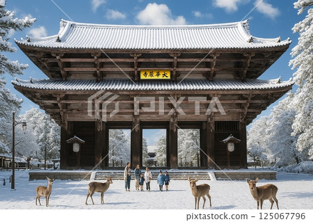 東大寺南門與雪中的鹿 125067796