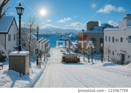 從八幡坂眺望函館港：時尚的火車和雪景 125067799