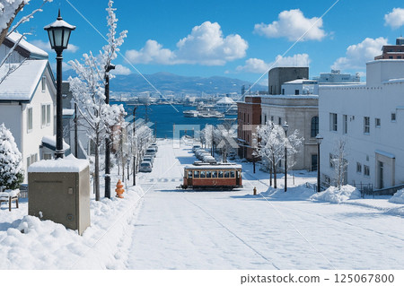 從八幡坂眺望函館港：時尚的火車和雪景 125067800